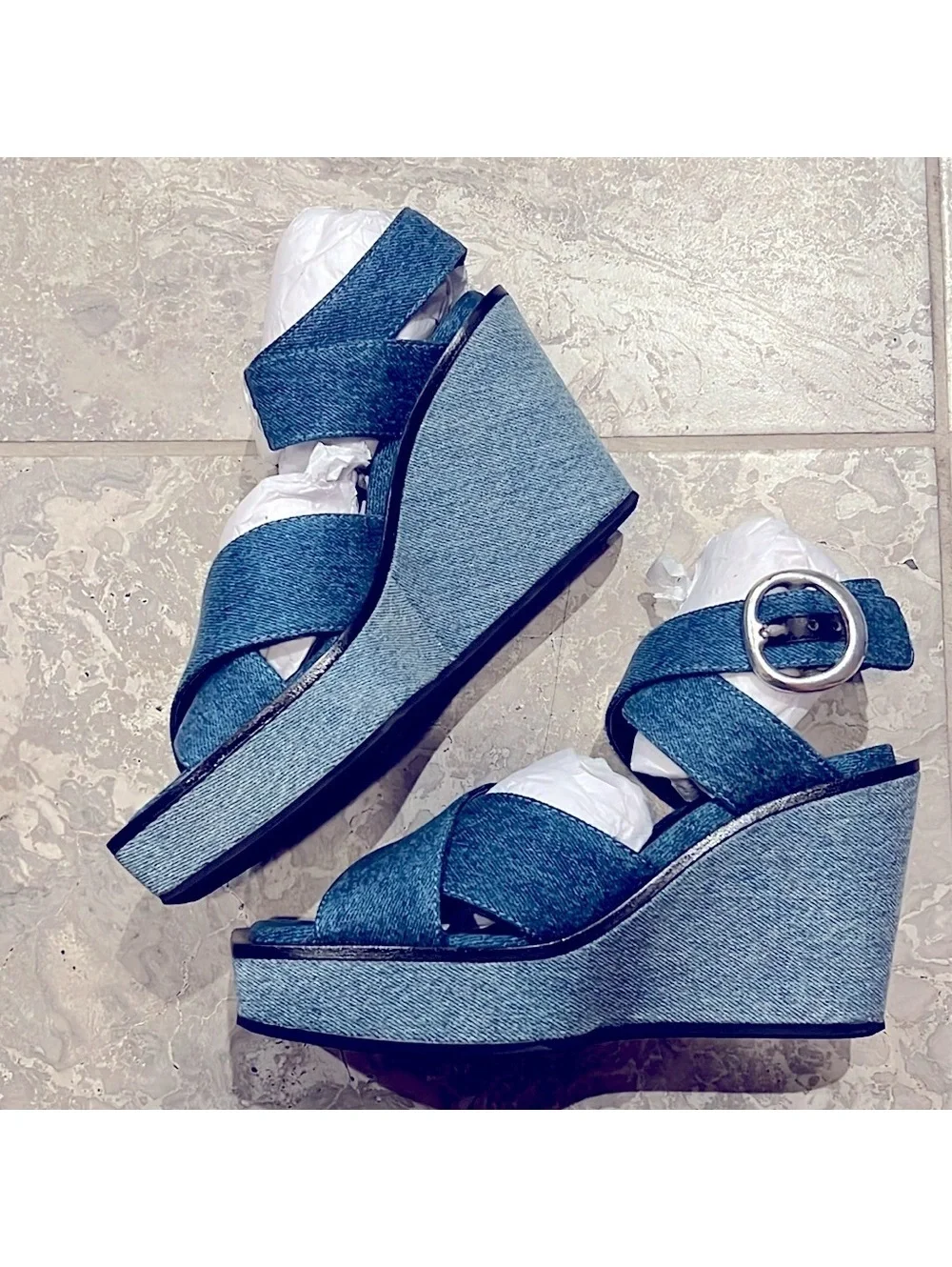 Rag & Bone Santiago Ankle Strap Platform Wedge Sandals Denim, Size 8.5/38.5 NWT